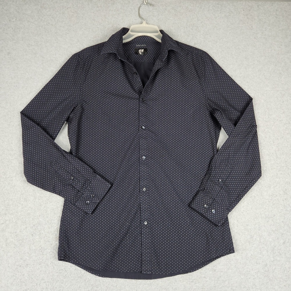 H&M Shirt Mens M Navy Blue Micro Dot Easy Iron Slim Fit Long Sleeve Button Up